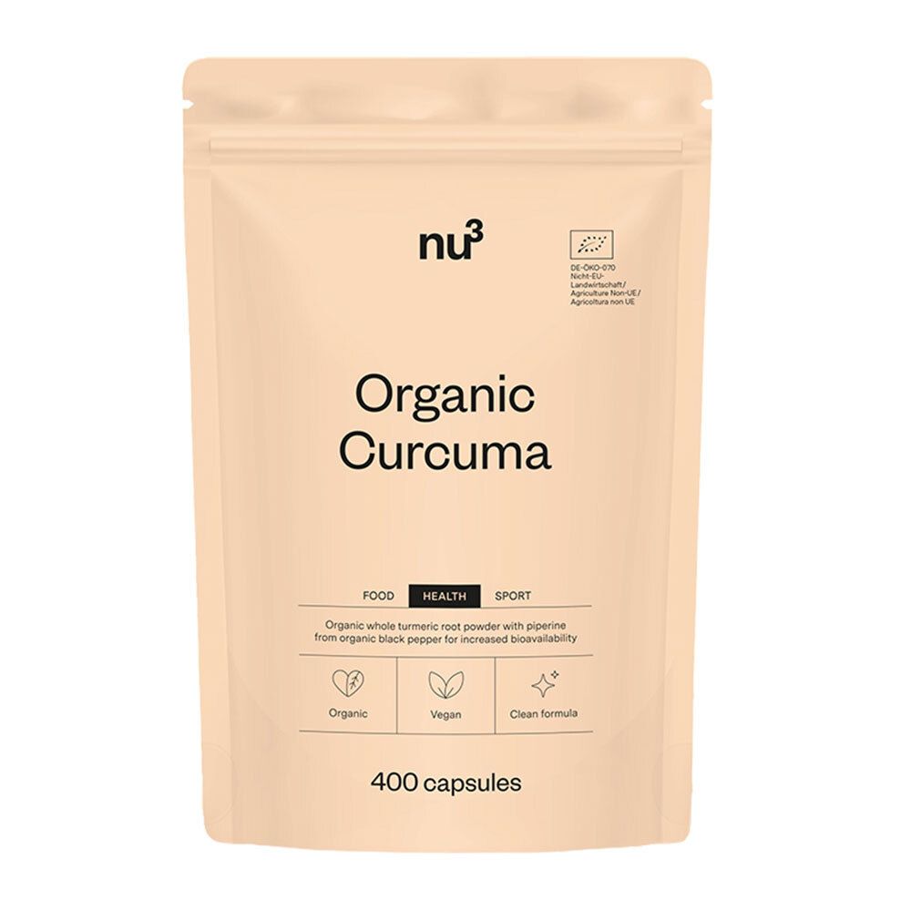 Busta beige con logo « nu3 » e scritta « Organic Curcuma ». Contiene 400 capsule. Certificazione biologica.