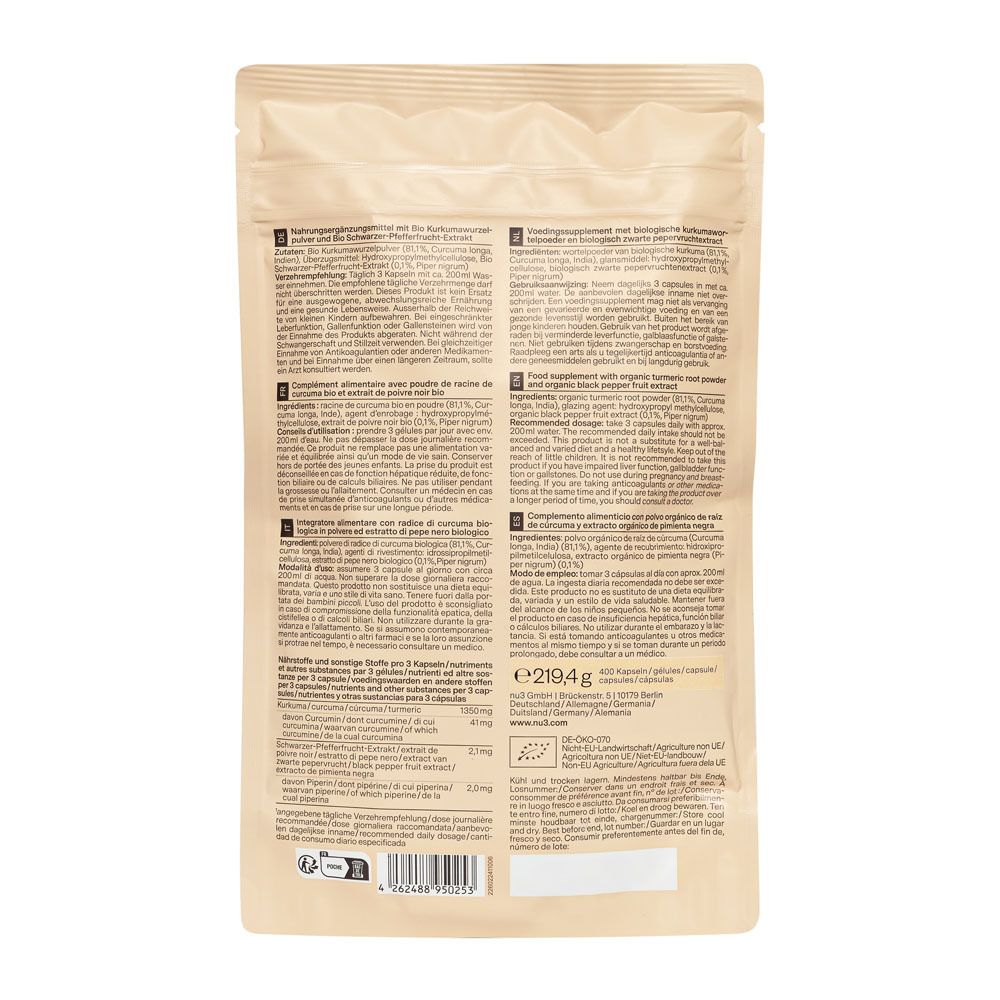 Retro della busta beige con testo in più lingue. Contiene informazioni sul prodotto.
