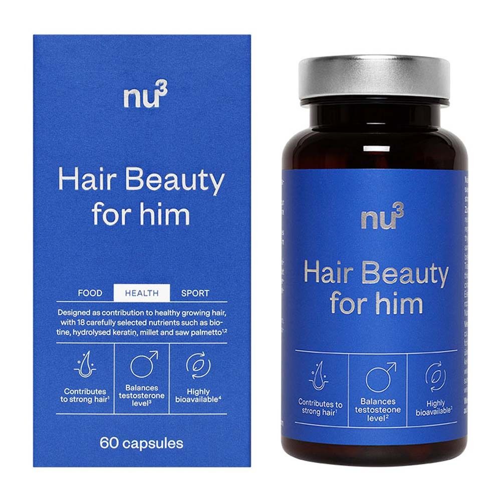Scatola e flacone blu con capsule. Scritta: Hair Beauty for him. Loghi e testo.