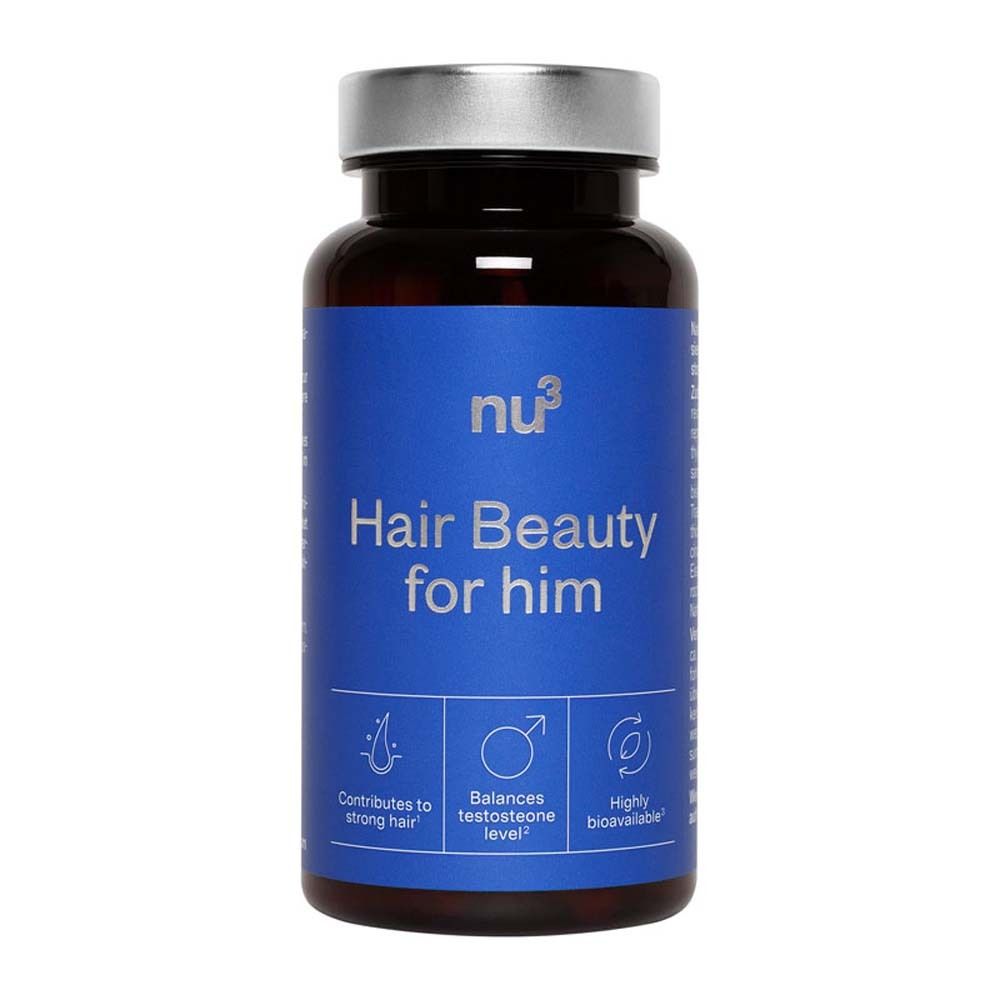 Flacone marrone con tappo argentato e scritta blu: Hair Beauty for him. Capsule.