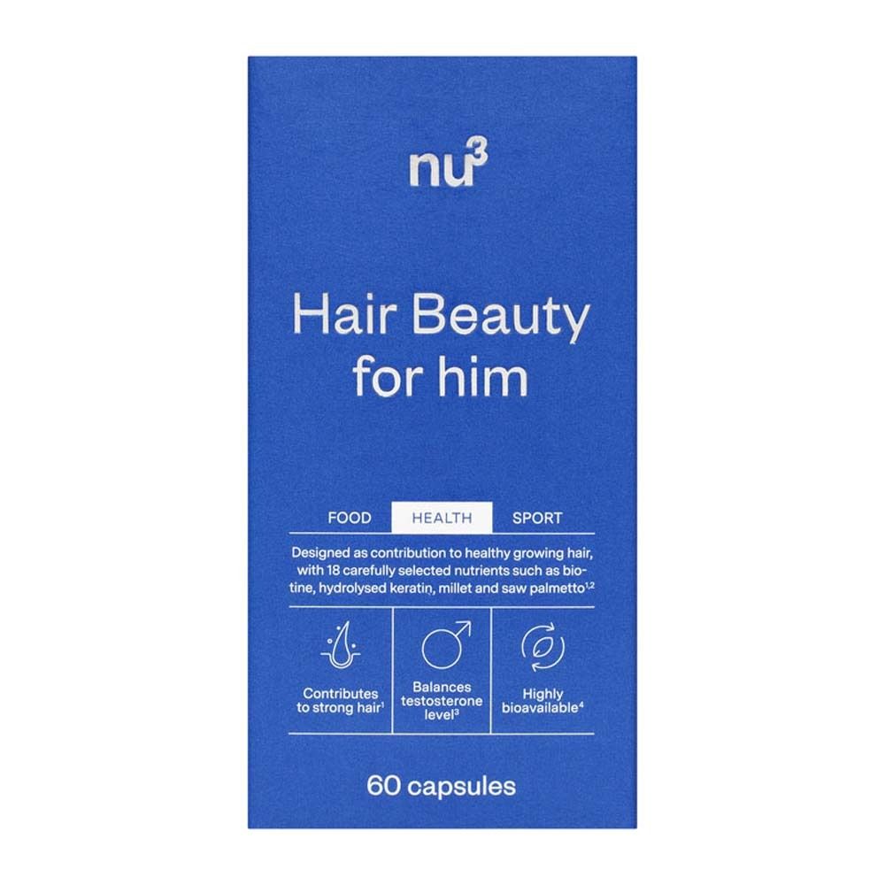 Scatola blu con scritta: Hair Beauty for him. Loghi e testo. 60 capsule.