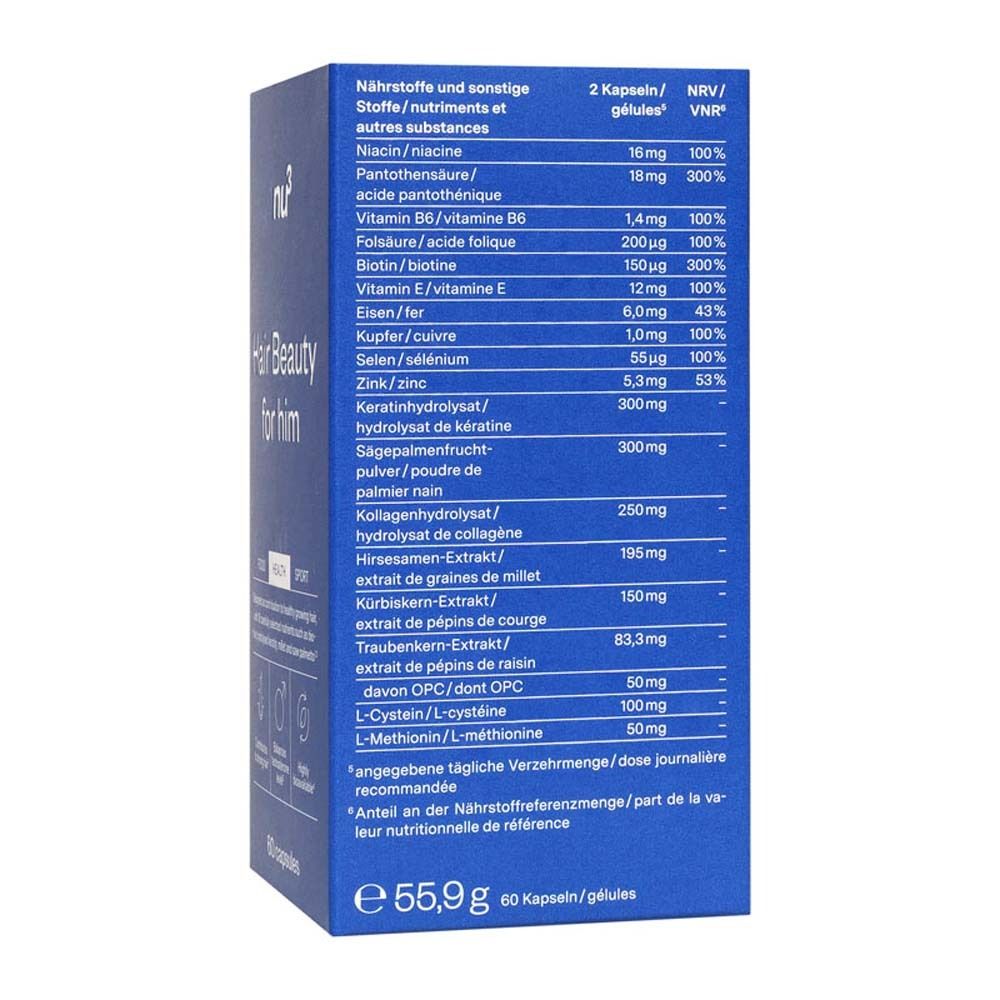 Retro della scatola blu con elenco ingredienti e tabella nutrizionale. Testo in tedesco.