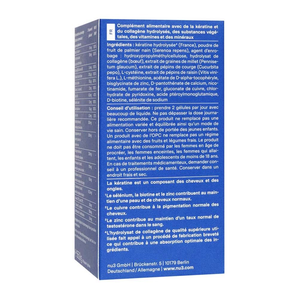 Retro della scatola blu con elenco ingredienti e consigli per l'uso. Testo in francese.
