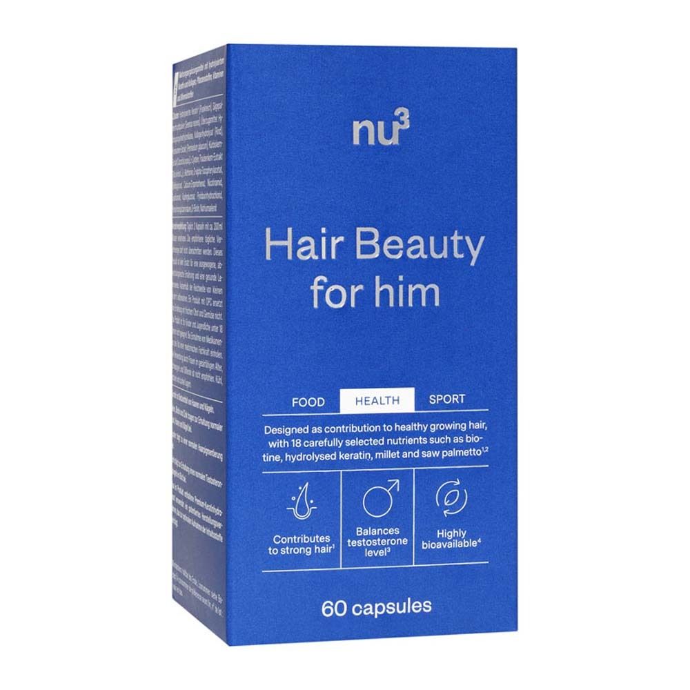 Scatola blu con scritta: Hair Beauty for him. Loghi e testo. 60 capsule.