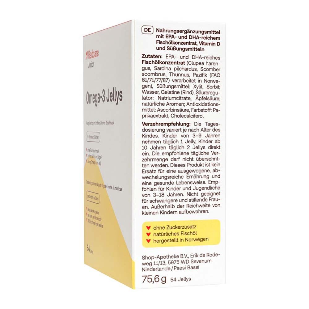 Confezione del prodotto Redcare Junior Omega-3 Jellys. Scatola bianca con informazioni e accento giallo.