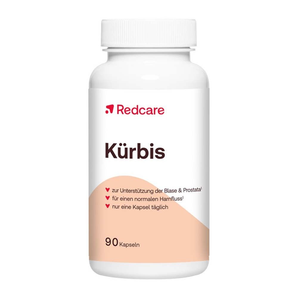 Flacone bianco Redcare Kürbis con 90 capsule. Scritta: Kürbis, per sostenere la vescica e la prostata. Coperchio rosso.