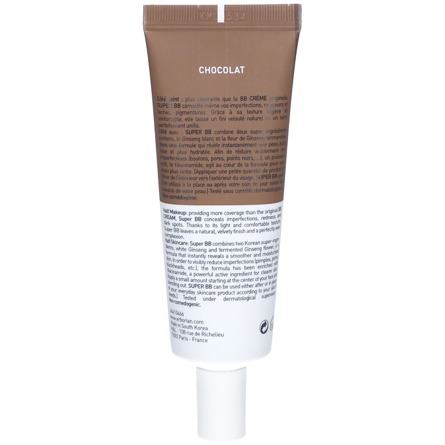 Retro del tubo Erborian Super BB. Testo: Chocolat. Descrizione del prodotto in francese. Ingredienti e informazioni di contatto.