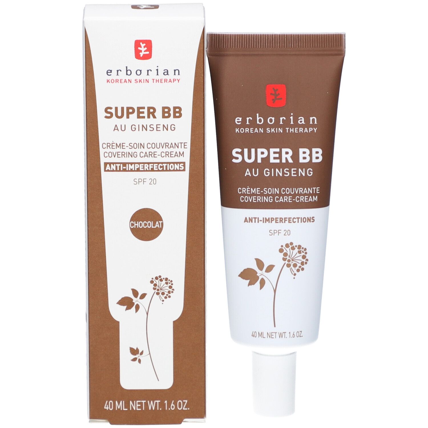 Erborian Super BB au Ginseng, tubo e confezione. Testo: Super BB, Au Ginseng, Anti-imperfezioni, SPF 20, Chocolat. 40 ml.