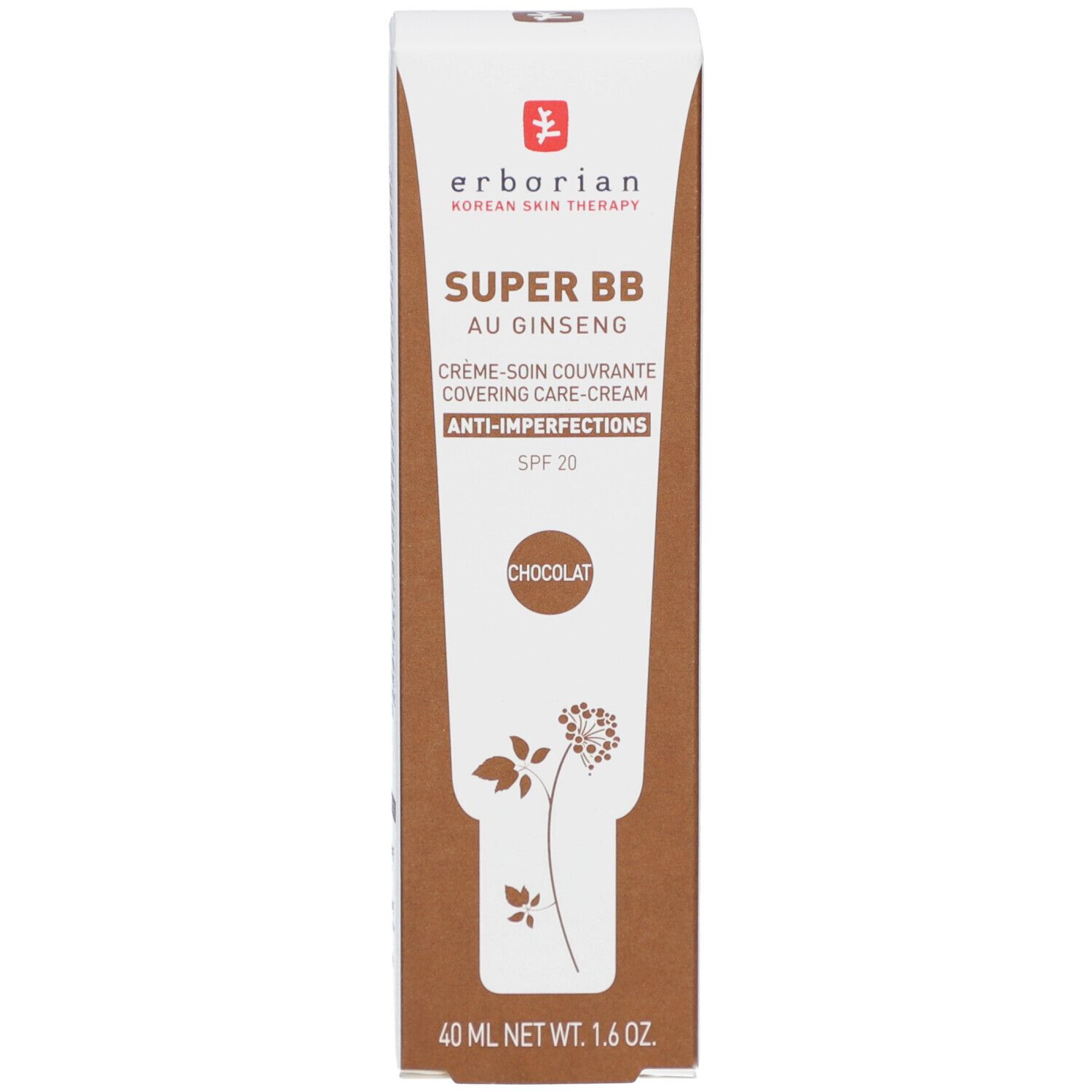 Confezione Erborian Super BB. Testo: Super BB, Au Ginseng, Anti-imperfezioni, SPF 20, Chocolat. 40 ml. Netto.