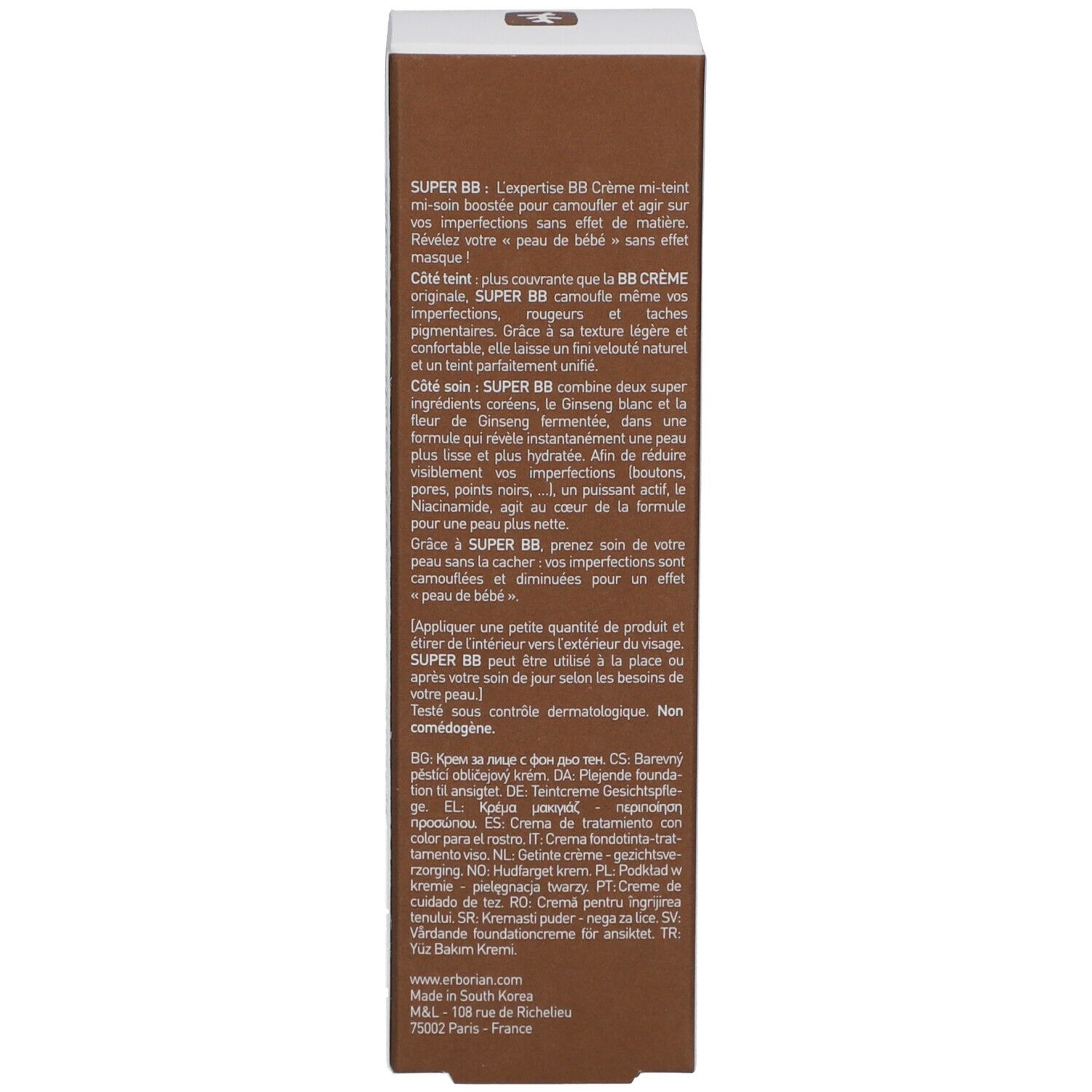 Retro della confezione Erborian Super BB. Descrizione del prodotto in francese. Informazioni di contatto e istruzioni.