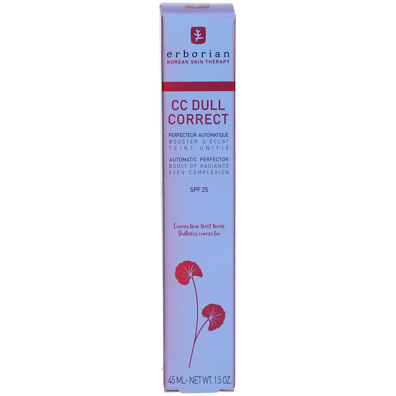 Scatola con nome del prodotto e SPF 25. Design viola e bianco. Testo in inglese e francese.