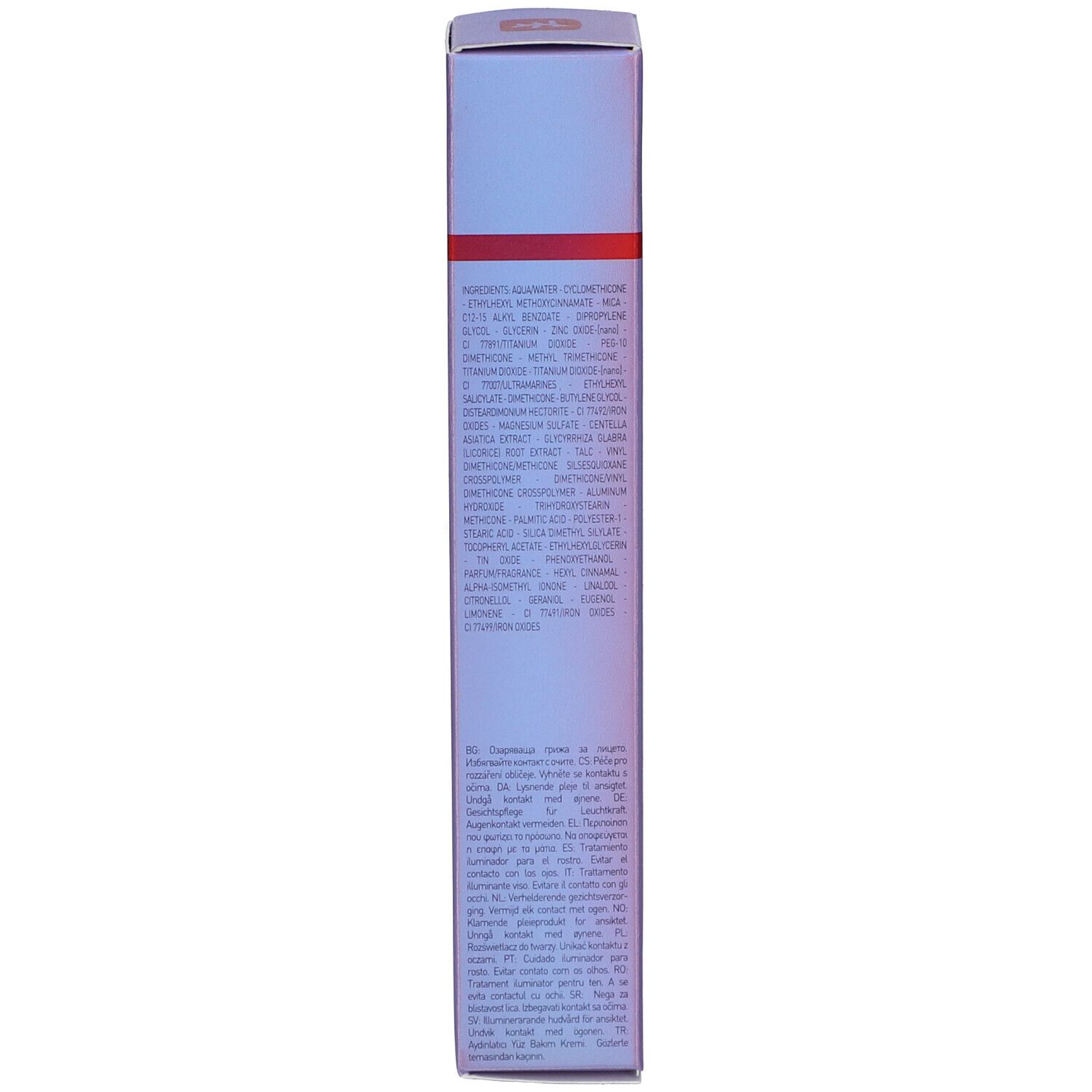 Retro della scatola. Testo in più lingue. Design viola e bianco.