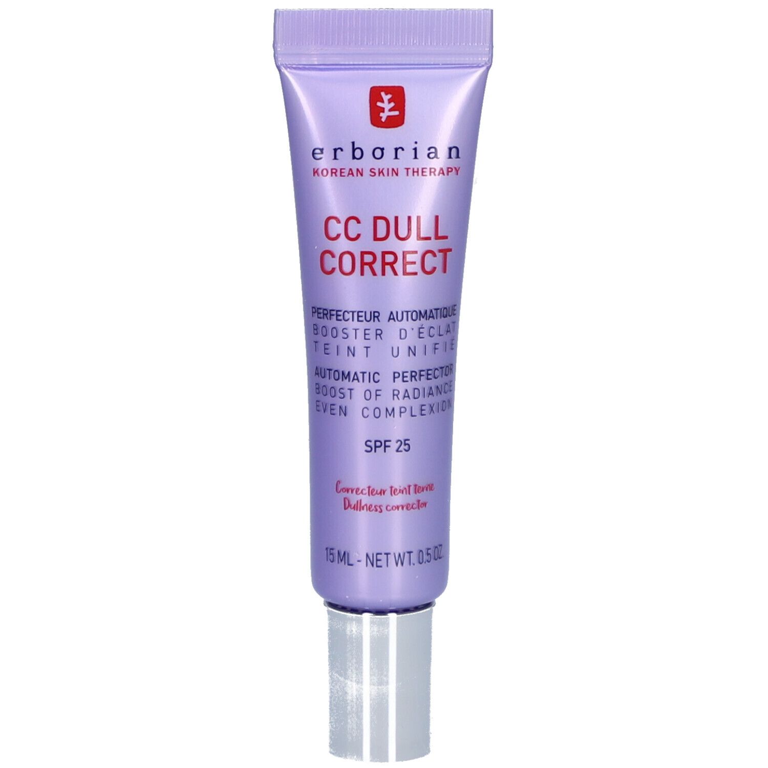 Tubo di CC Dull Correct. Tubo viola con tappo argentato. Testo: SPF 25, 15 ml.