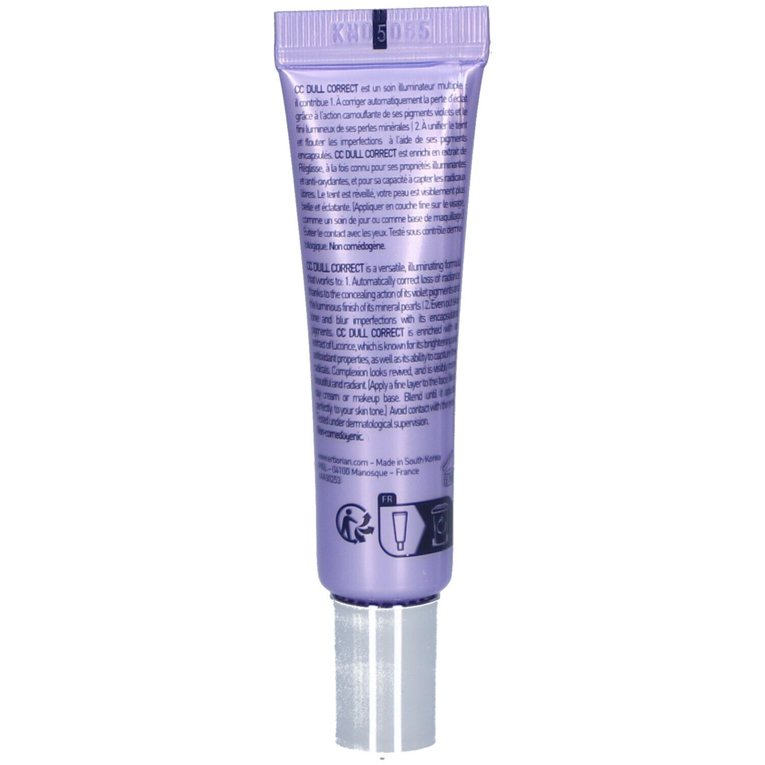 Retro del tubo CC Dull Correct. Testo multilingue. Tappo argentato.