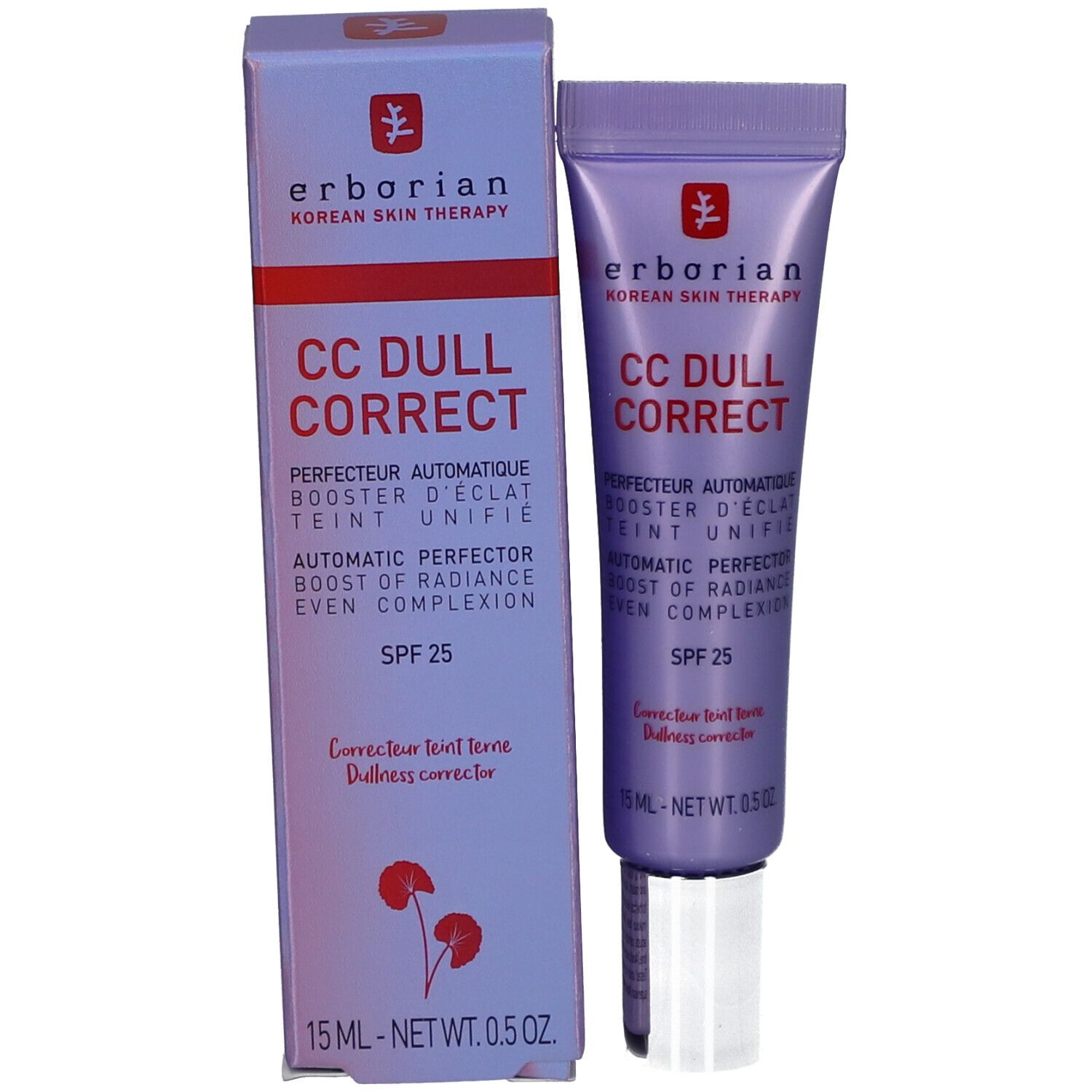 Tubo e confezione CC Dull Correct. Confezione viola. Testo: SPF 25, 15 ml.
