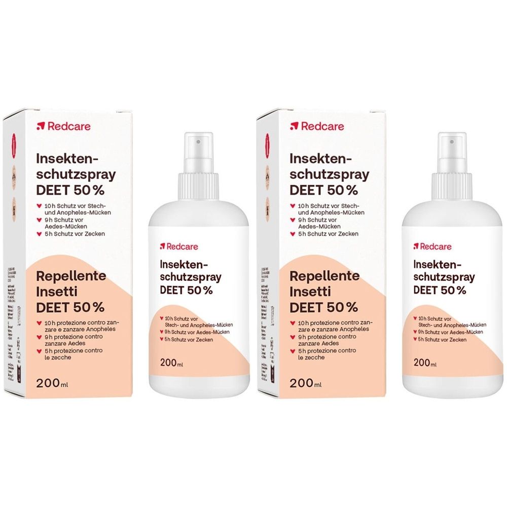 Redcare Insektenschutzspray DEET 50% con flacone spray e confezione. Testo: Repellente Insetti DEET 50%.