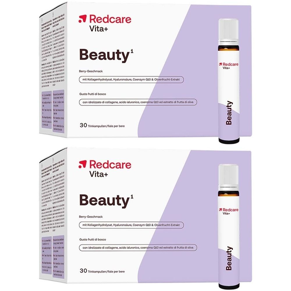Due confezioni e due fiale Redcare Vita+ Beauty. Scritta: Beauty, 30 fiale. Flaconi con liquido marrone.