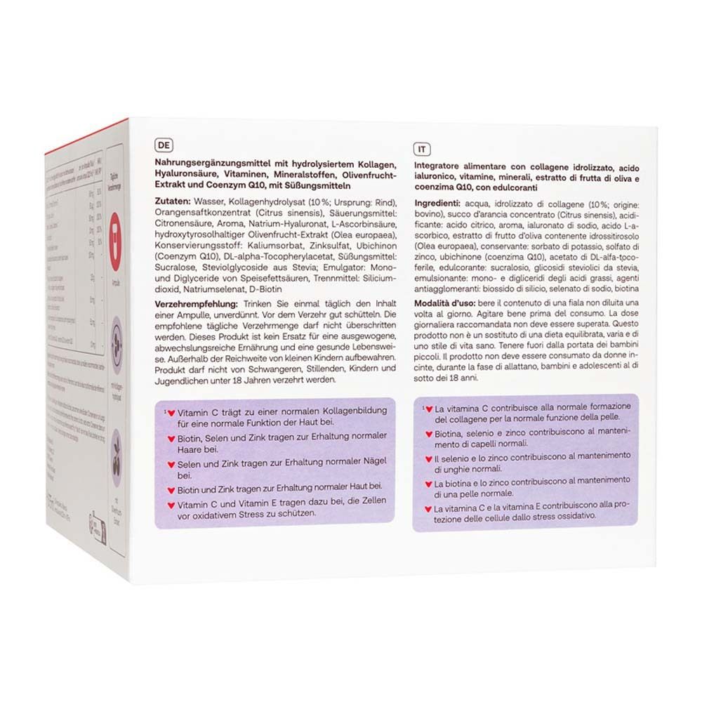 Retro della confezione Redcare Vita+ Beauty. Informazioni in tedesco e italiano. Ingredienti e istruzioni per l'uso.