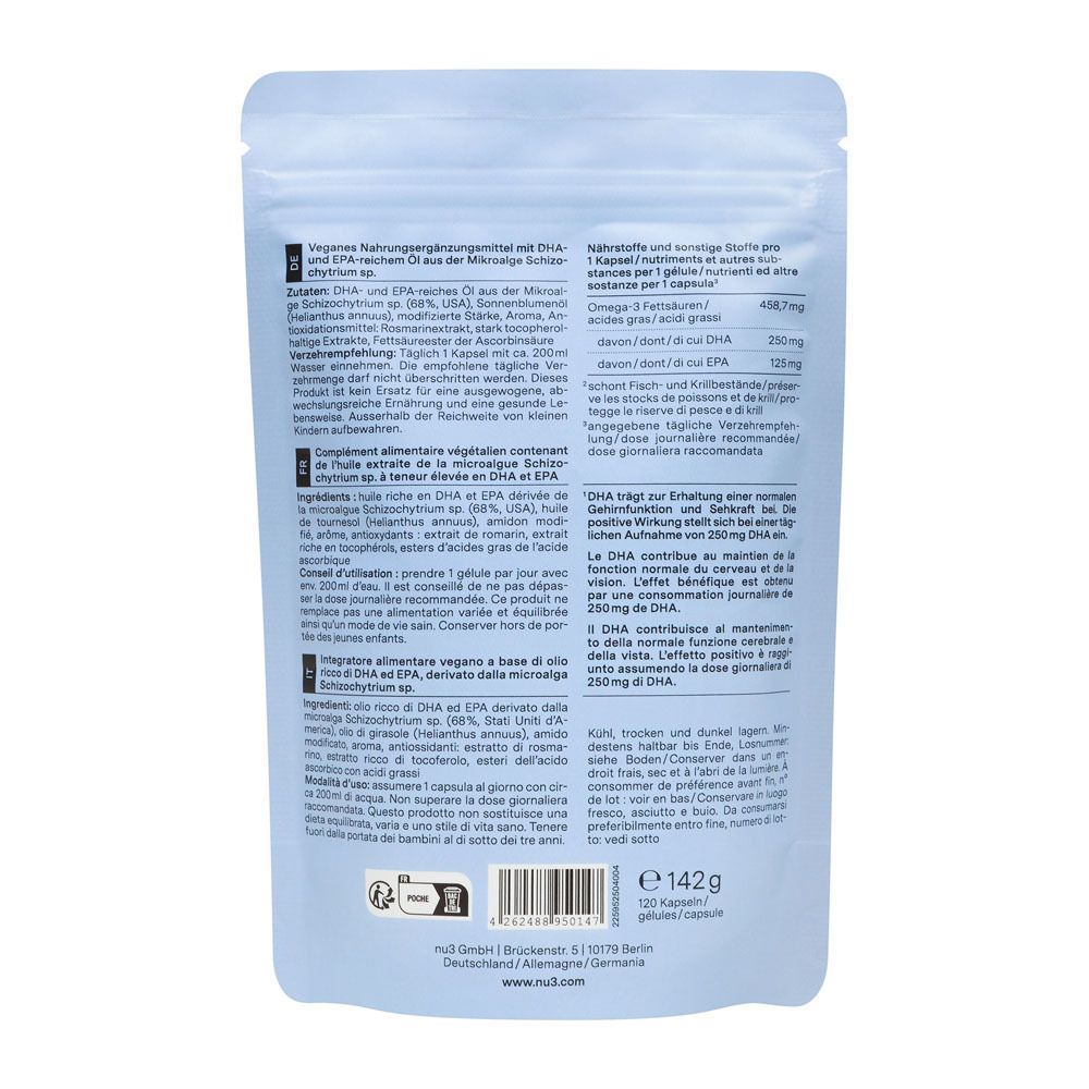 Retro della confezione. Testo in tedesco, ingredienti, informazioni nutrizionali, raccomandazioni per l'uso. 142g, 120 capsule.