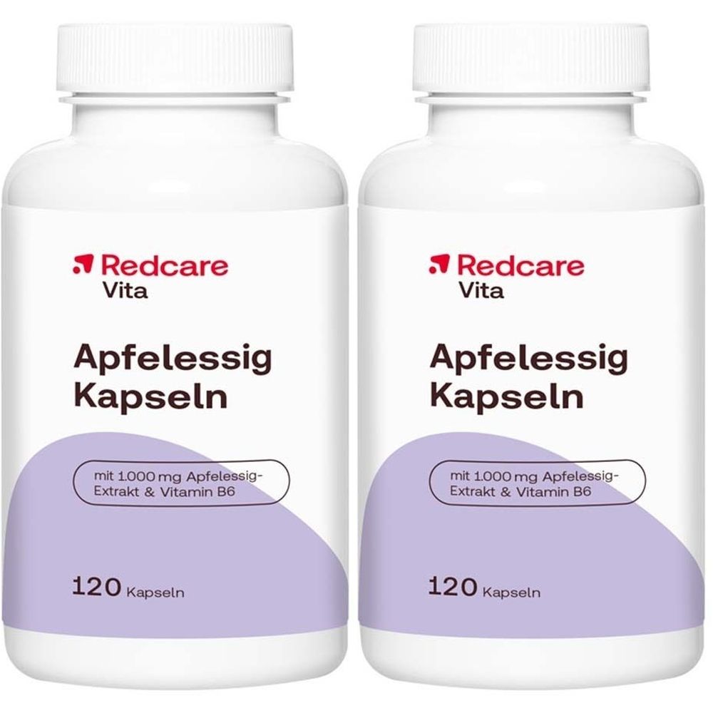 Due flaconi bianchi di capsule. Scritta: Redcare Vita Apfelessig Kapseln, 120 capsule.