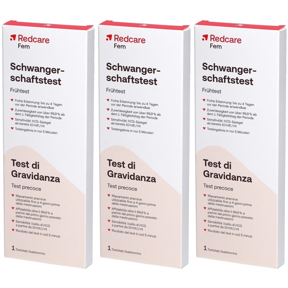 Tre confezioni di test di gravidanza. Scritta: Redcare Fem Schwangerschaftstest. Testo in tedesco e italiano. Confezione bianca con accento rosso.