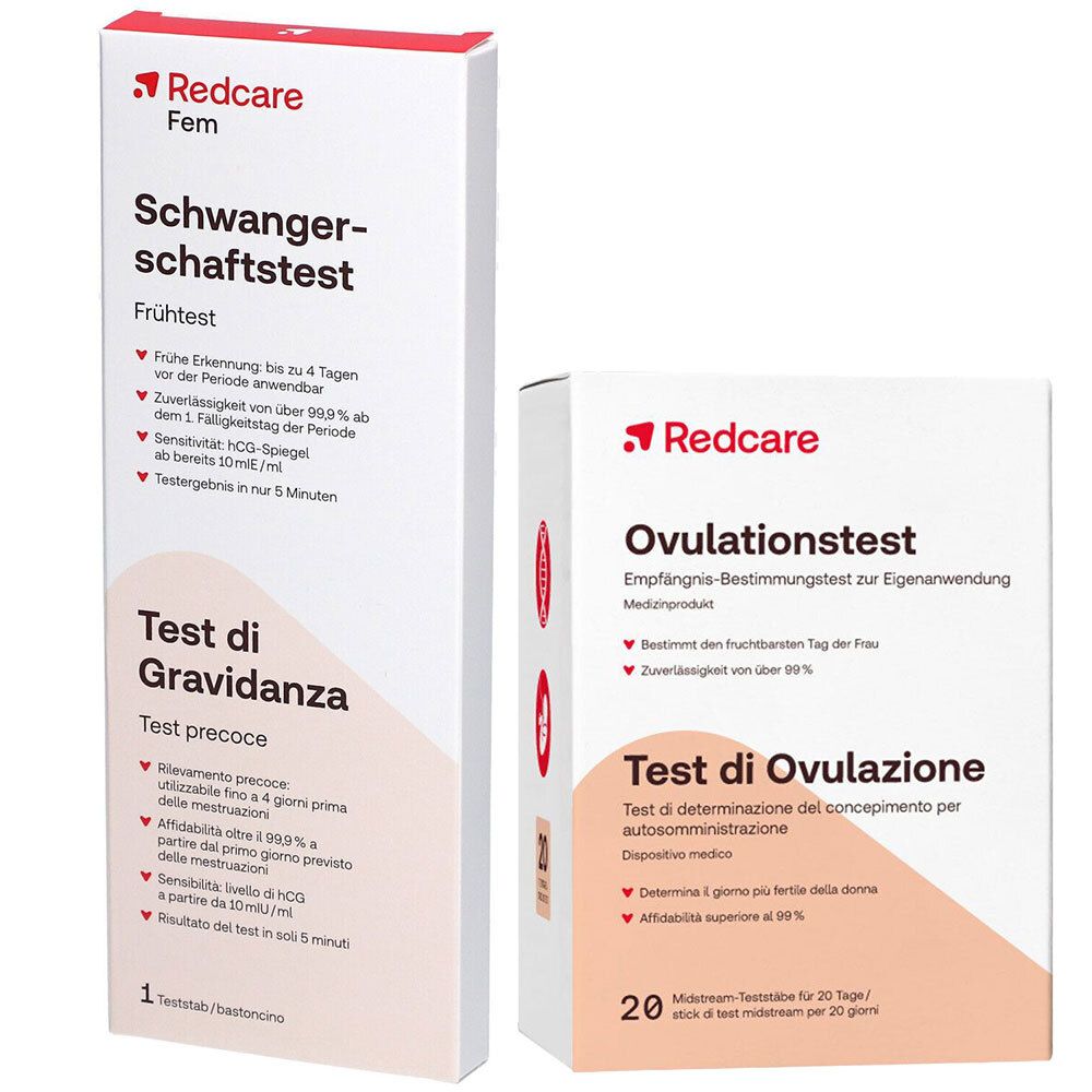 Due confezioni di test Redcare. Una confezione di test di gravidanza e una confezione di test di ovulazione.