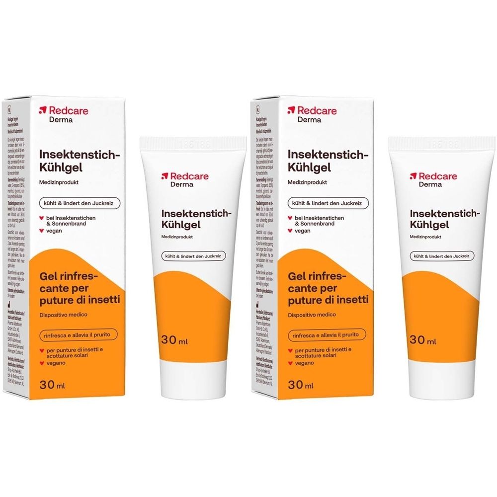 Due tubi e due scatole di gel rinfrescante. Scritta: Insektenstich-Kühlgel, Redcare Derma. 30ml.