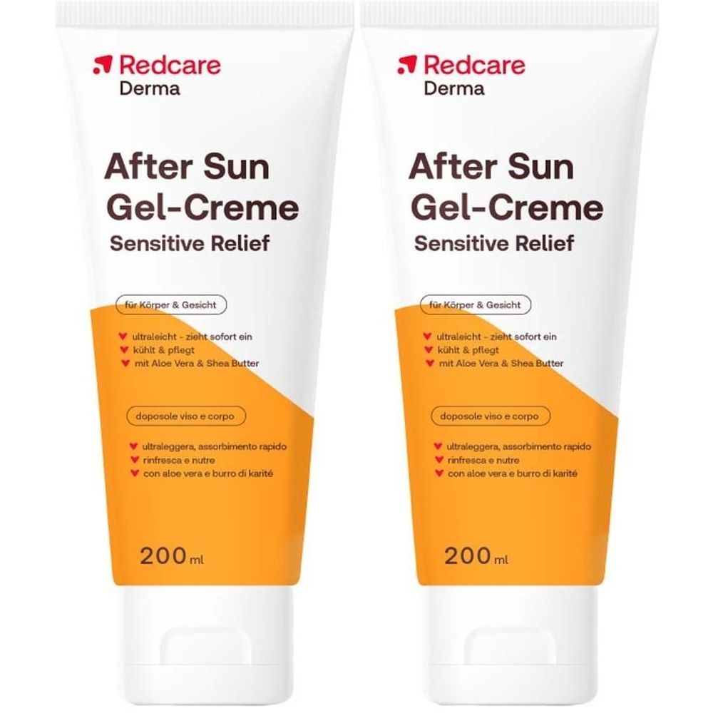 Due tubi di gel-crema doposole. Confezione bianca-arancione con nome e logo del prodotto. 200ml.