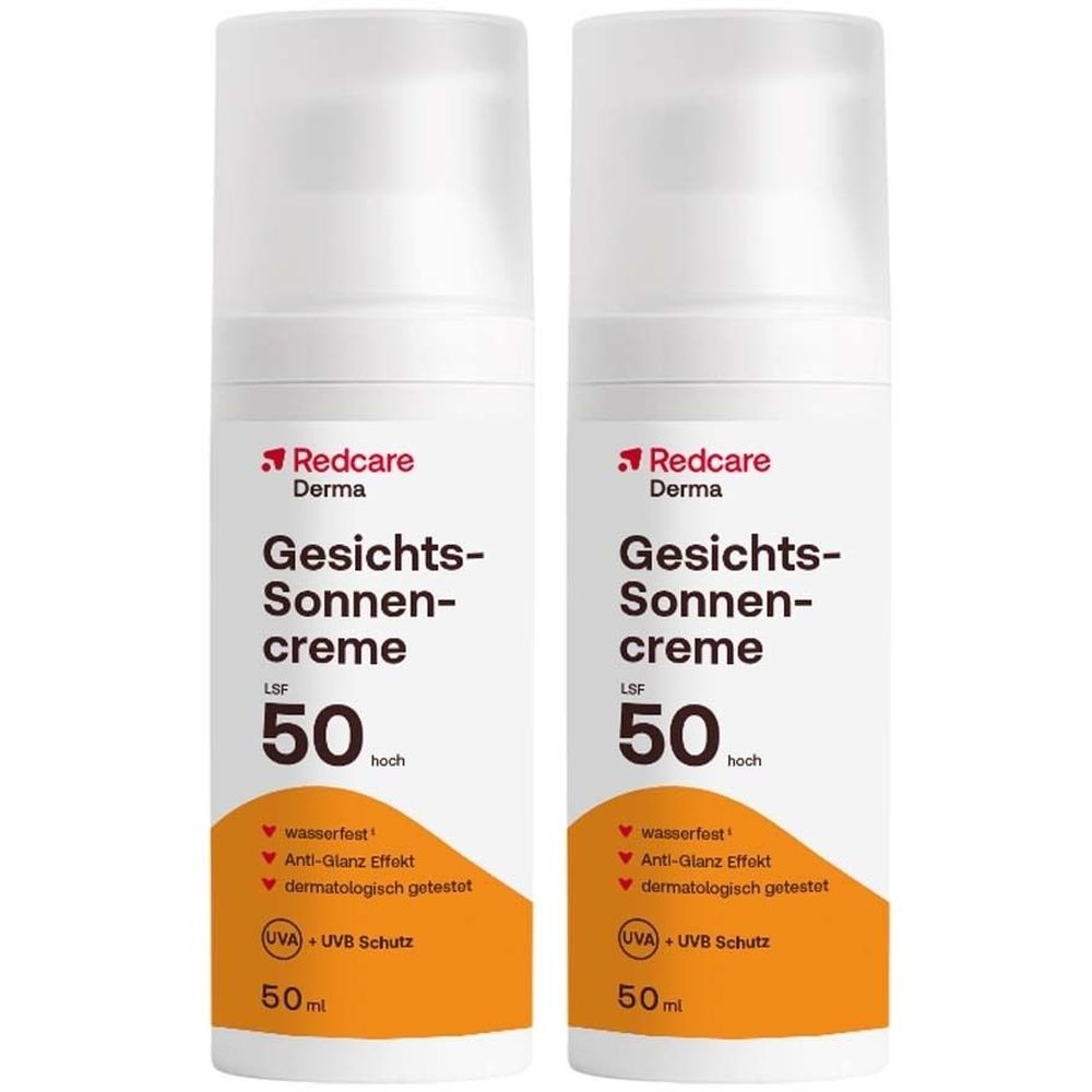 Due flaconi di crema solare viso SPF 50. Flaconi bianchi con etichetta arancione. Nome del prodotto e fattore di protezione visibili.