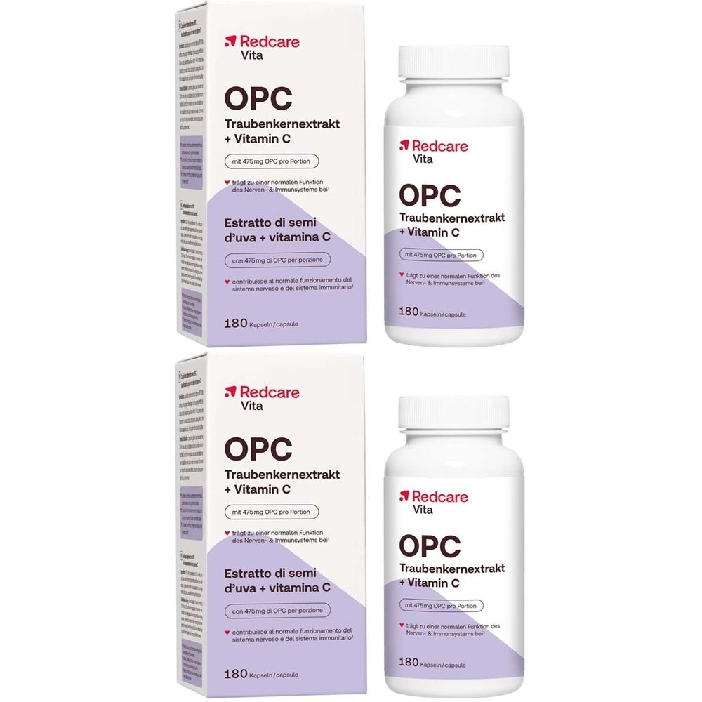 Due confezioni e due bottiglie di Redcare Vita OPC Estratto di semi d'uva + Vitamina C. Bottiglie bianche, confezione bianca con informazioni.