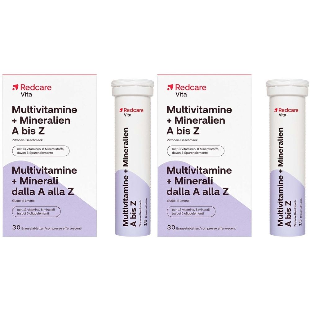 Tre confezioni e un tubetto di Redcare Vita Multivitamine + Mineralien A bis Z. Confezione bianca con dettagli viola e informazioni sul prodotto.