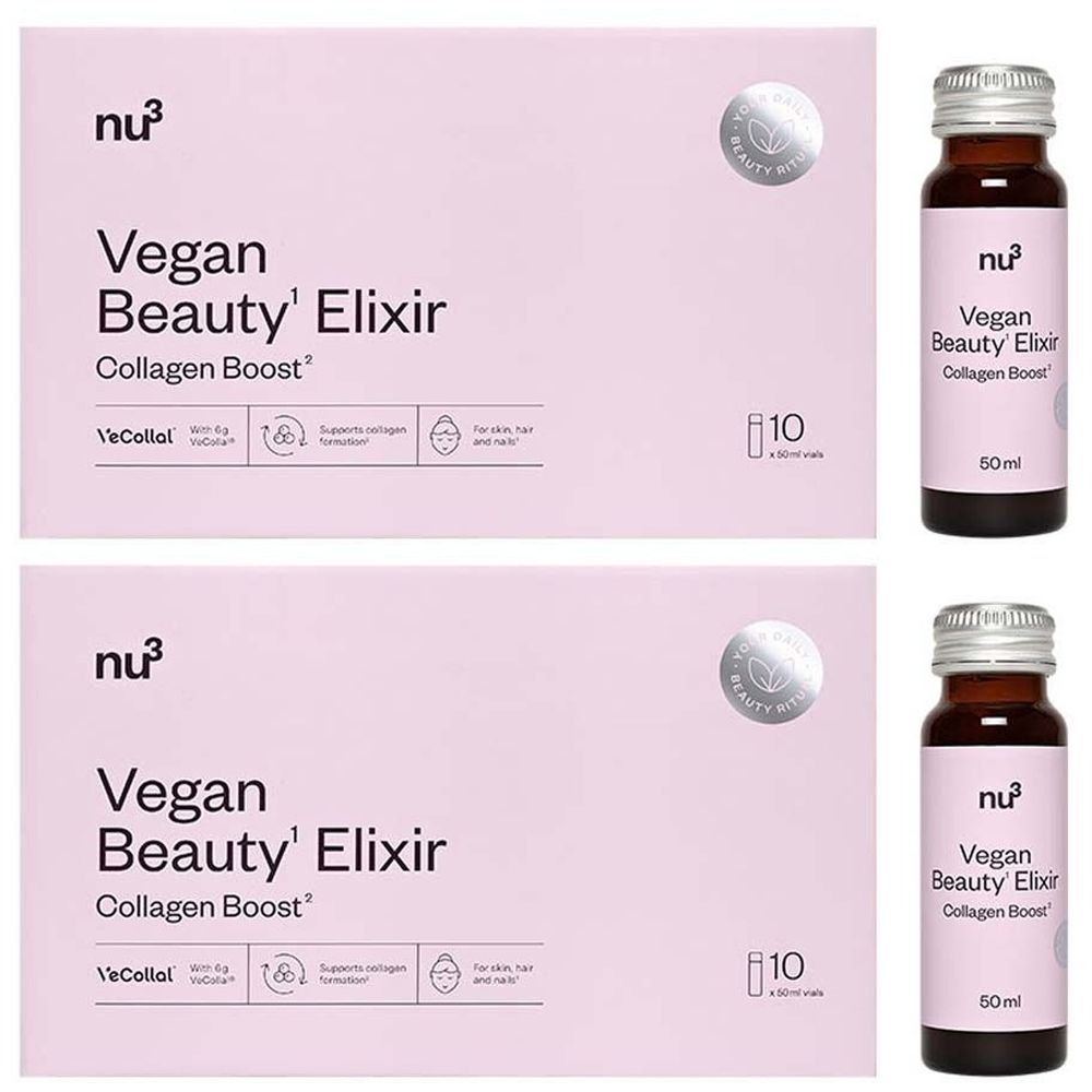 Due confezioni e due bottiglie di nu3 Vegan Beauty Elixir Collagen Boost. Scritta: 10 fiale da 50 ml.
