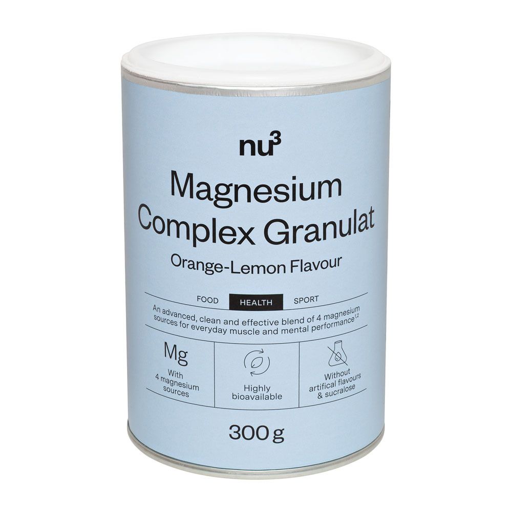Barattolo nu3 Magnesium Complex Granulat, cucchiaio di granulato, bicchiere di liquido. Gusto Arancia-Limone. 300g. 4 fonti magnesio.