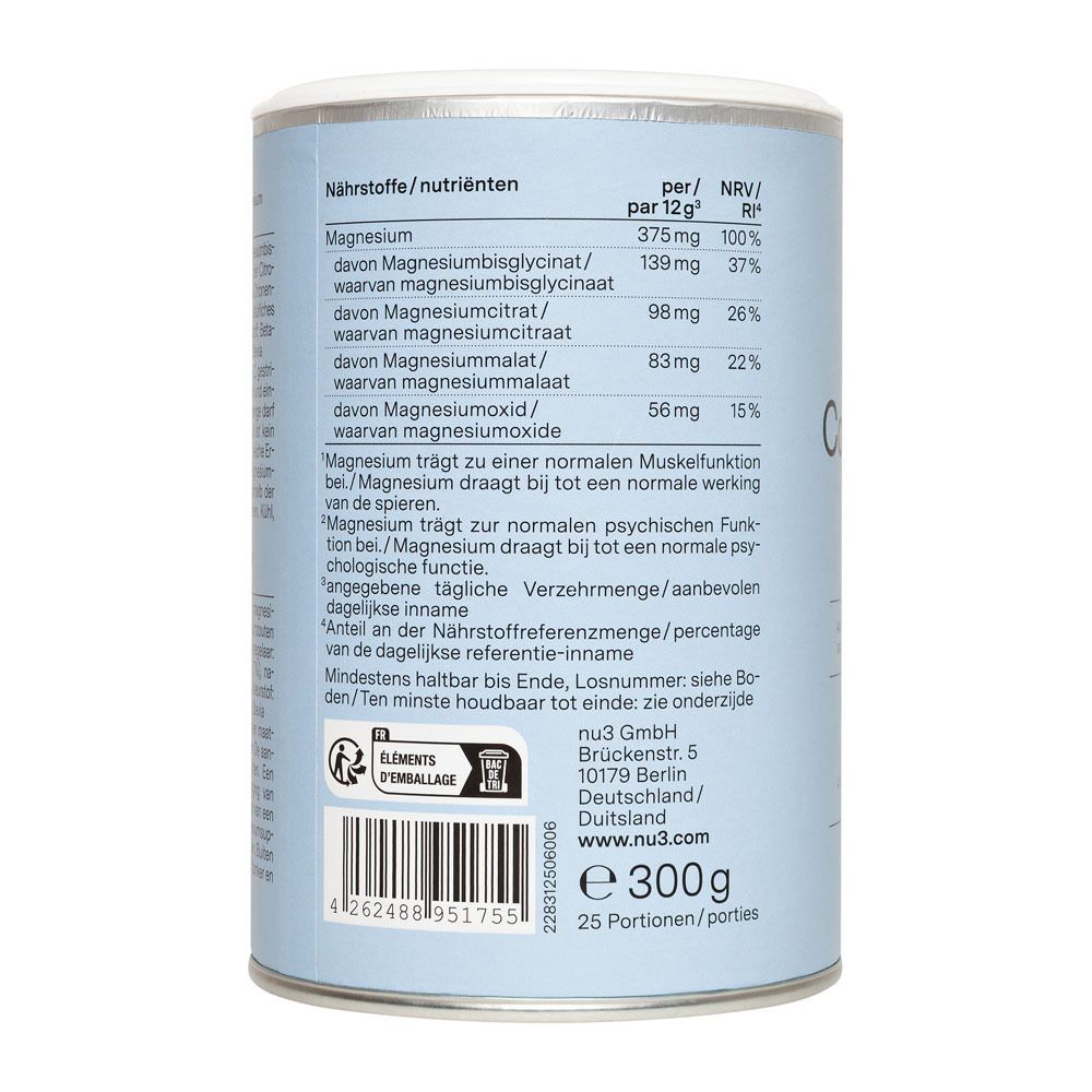 Barattolo nu3 Magnesium Complex Granulat, bicchiere di liquido. Gusto Arancia-Limone. 300g. 4 fonti magnesio. Su tavolo.