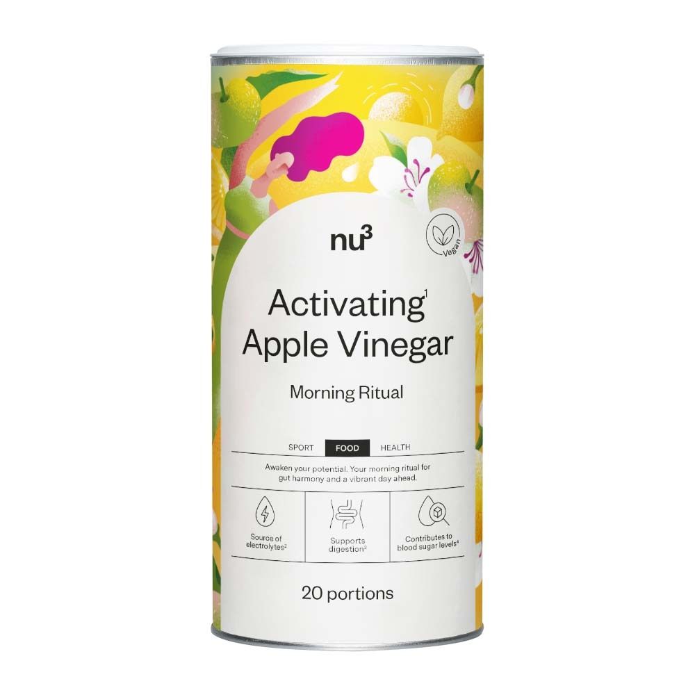 Barattolo cilindrico "nu3 Activating Apple Vinegar". Stampa con nome prodotto, logo e design floreale. 20 porzioni.