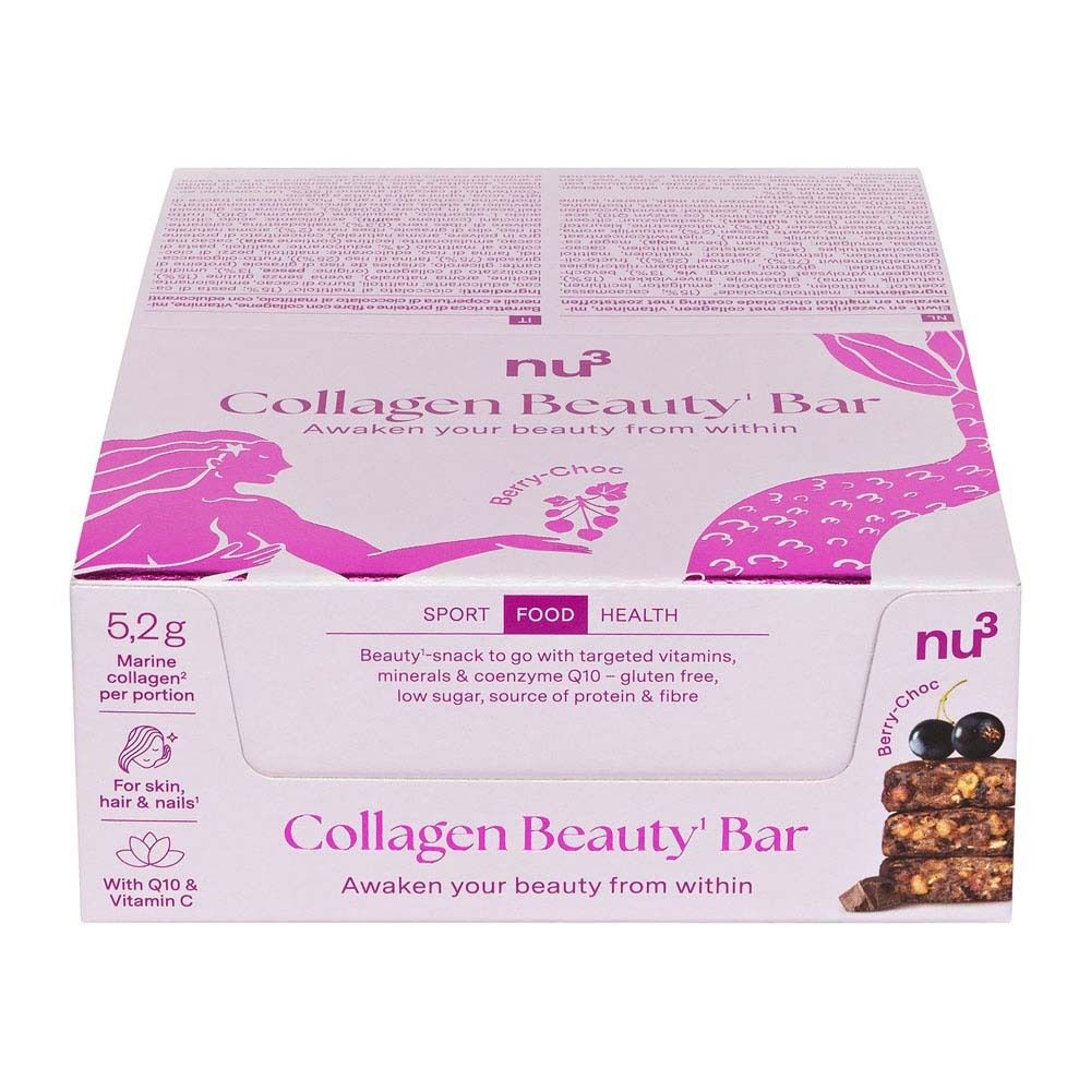 Confezione di nu3 Collagen Beauty Bar Berry-Choc. Contiene informazioni sugli ingredienti e il valore nutrizionale. Rosa e bianco.