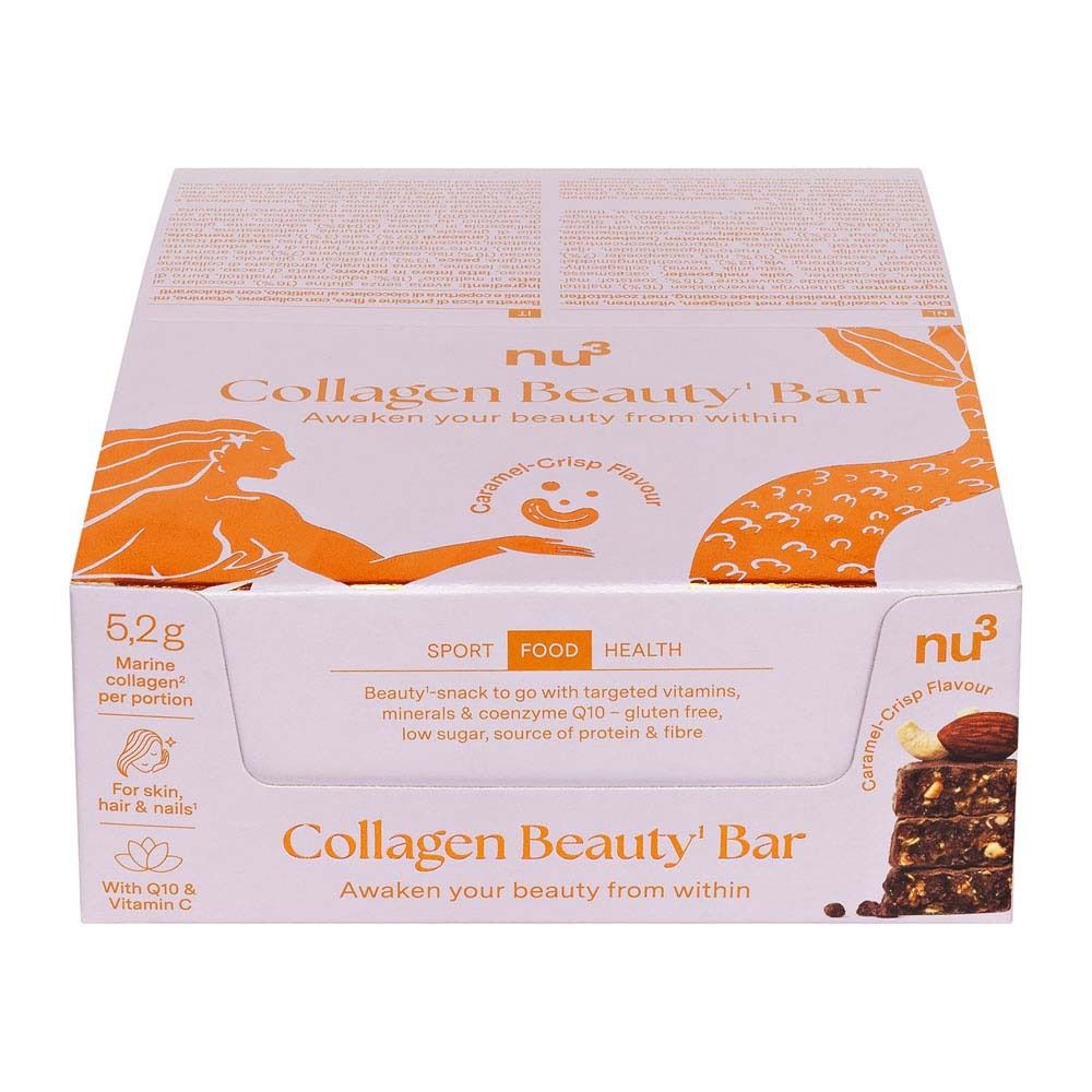 Confezione di nu3 Collagen Beauty Bar. Rosa, con nome del prodotto, logo e immagine di una barretta con frutta secca.