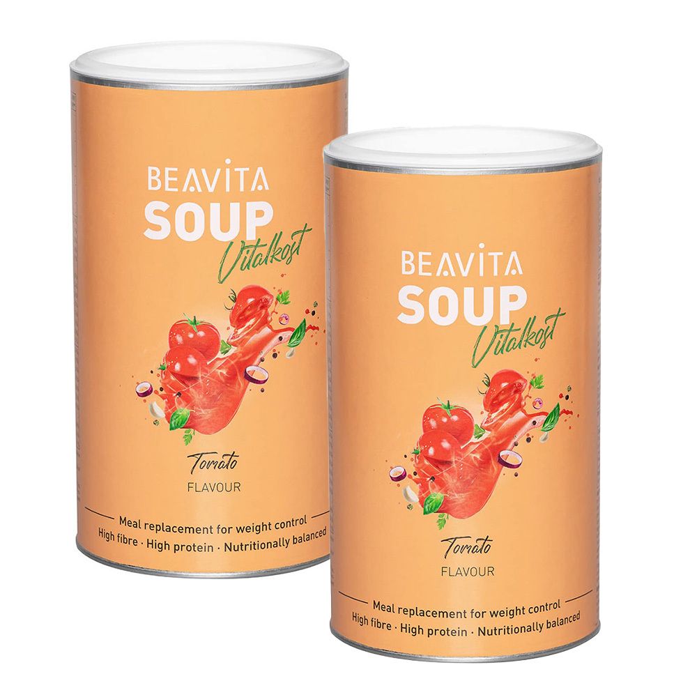 Due barattoli di zuppa BEAVITA Vitalkost Tomate. Illustrazione di pomodori. Testo: Meal replacement for weight control, High fibre - High protein - Nutritionally balanced.