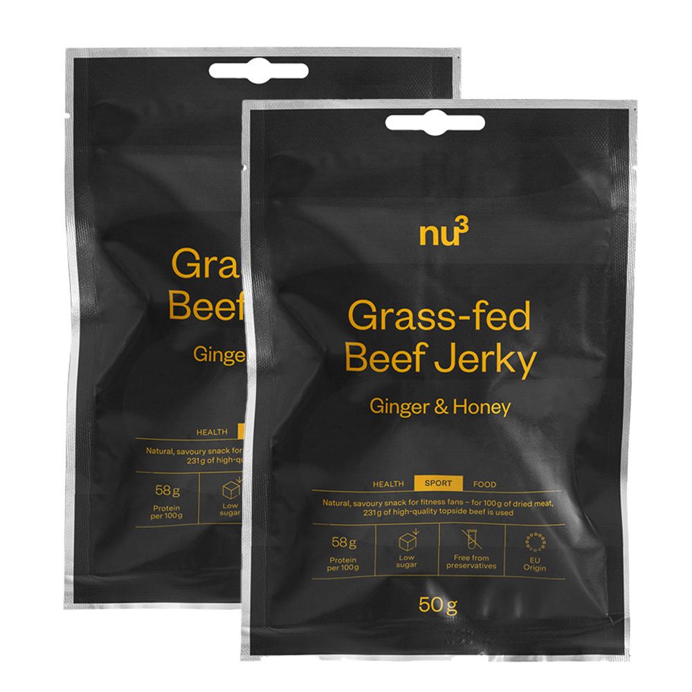 Due confezioni di nu3 Grass-fed Beef Jerky, Zenzero e Miele. Confezione nera con testo giallo. Confezione da 50g.