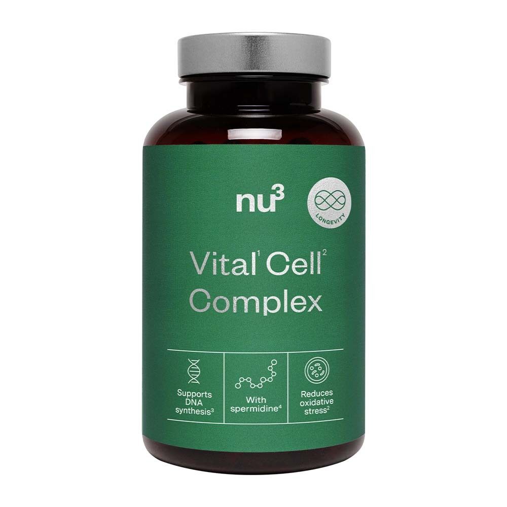 Flacone marrone con coperchio argentato. Scritta: nu3 Vital Cell Complex. Etichetta verde con loghi e testo.