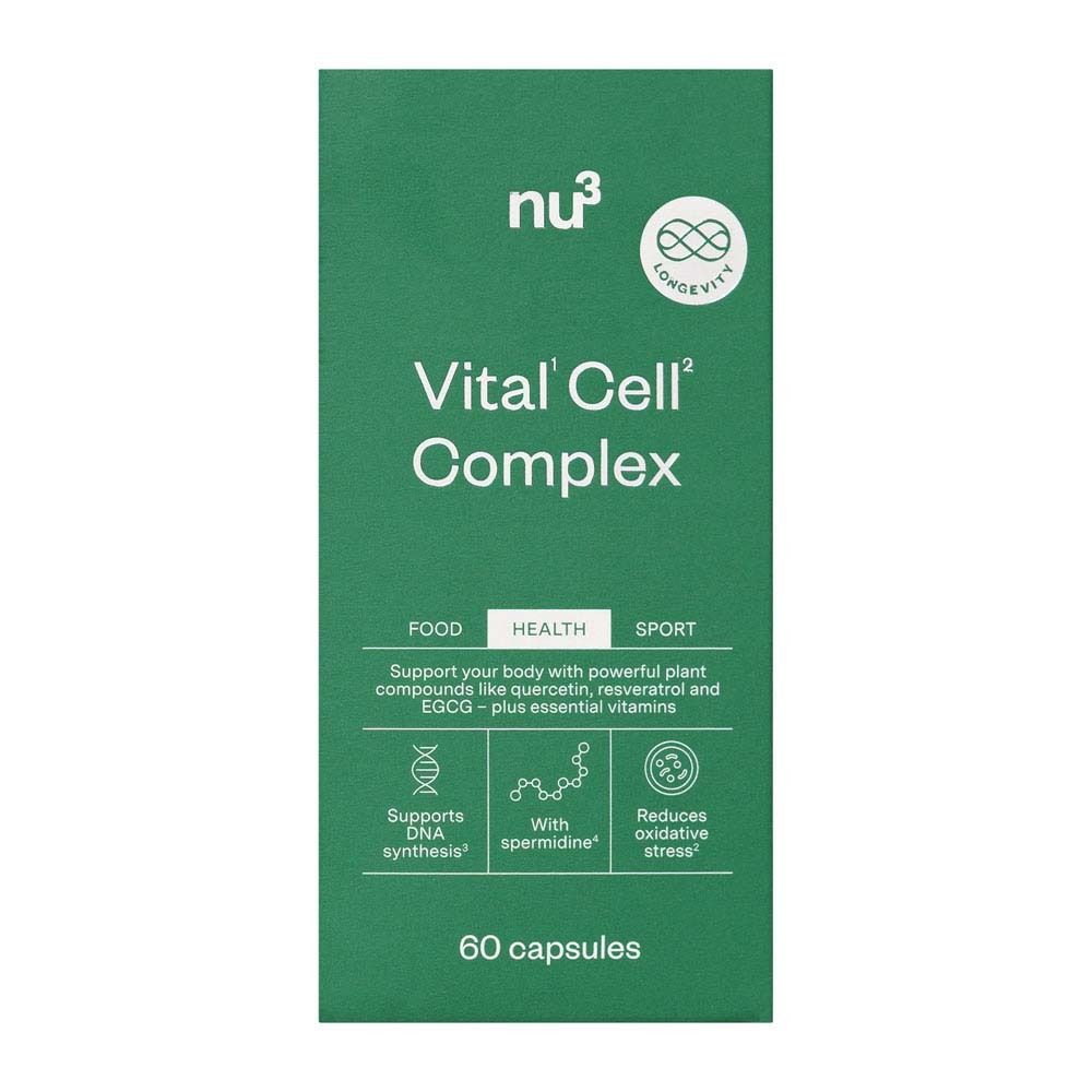 Scatola verde con scritta: nu3 Vital Cell Complex. Contiene 60 capsule. Loghi.