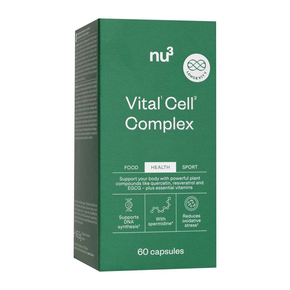 Scatola verde con scritta: nu3 Vital Cell Complex. Loghi. Contiene 60 capsule.