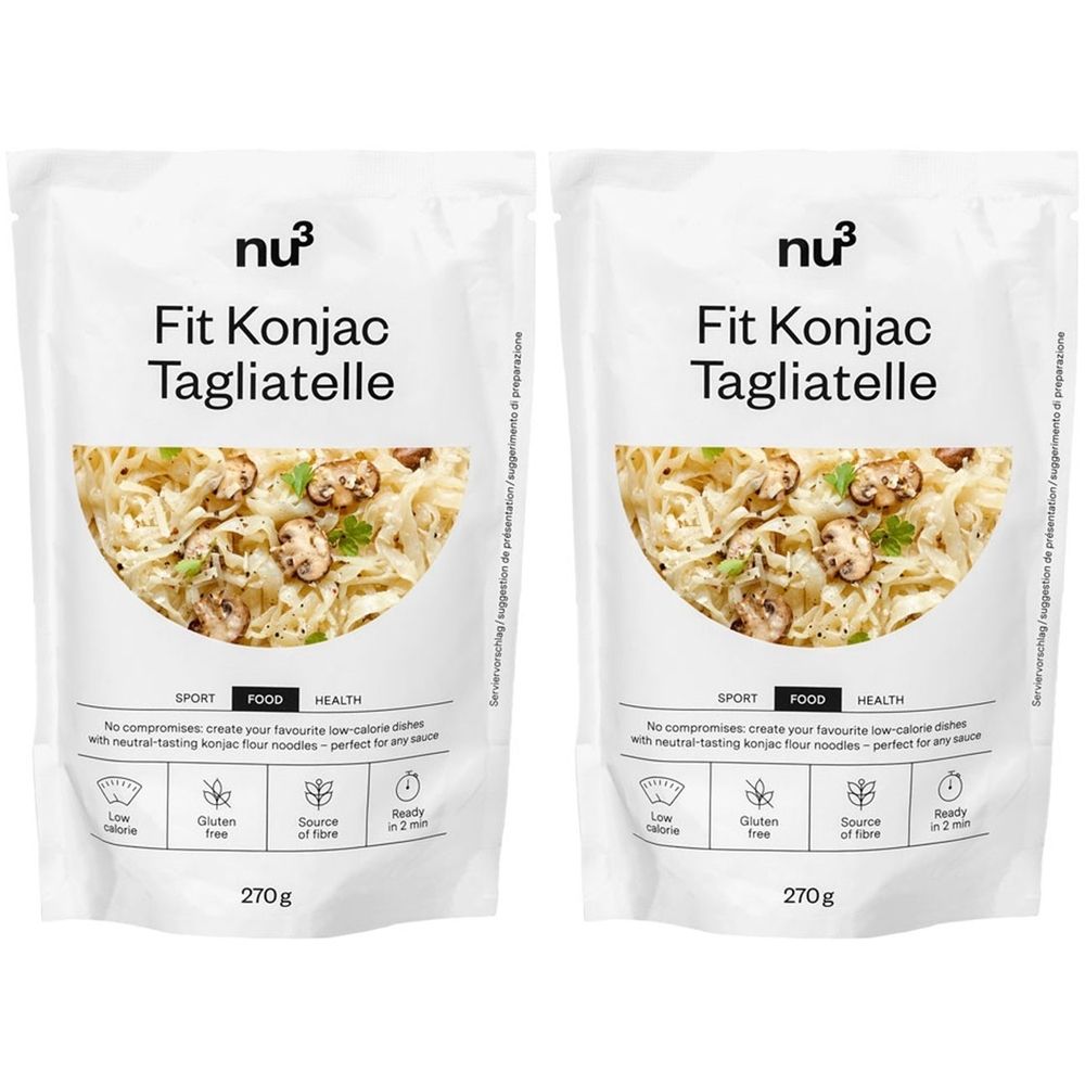 Due buste di nu3 Fit Konjac Tagliatelle. Stampa: immagine del prodotto, testo, informazioni nutrizionali, 270g.