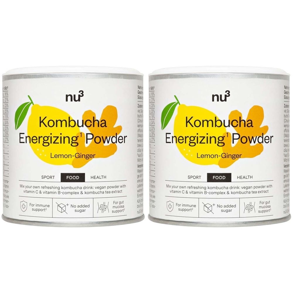 Due barattoli di nu3 Kombucha Energizing Powder. Scritta: Limone-Zenzero. Con logo, scritte e illustrazioni.