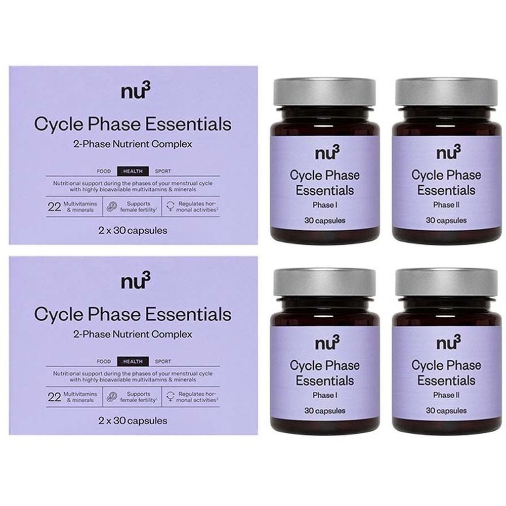 Due confezioni e quattro flaconi di capsule. Scritta: nu3 Cycle Phase Essentials. 2 x 30 capsule. Complesso nutritivo bifasico.