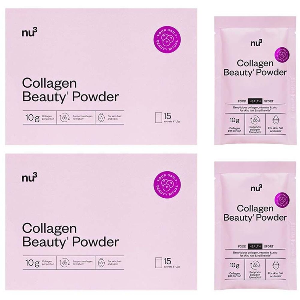 Confezione rosa "nu3 Collagen Beauty' Powder". 15 bustine. Scritte: 10g per porzione, per pelle, capelli e unghie.