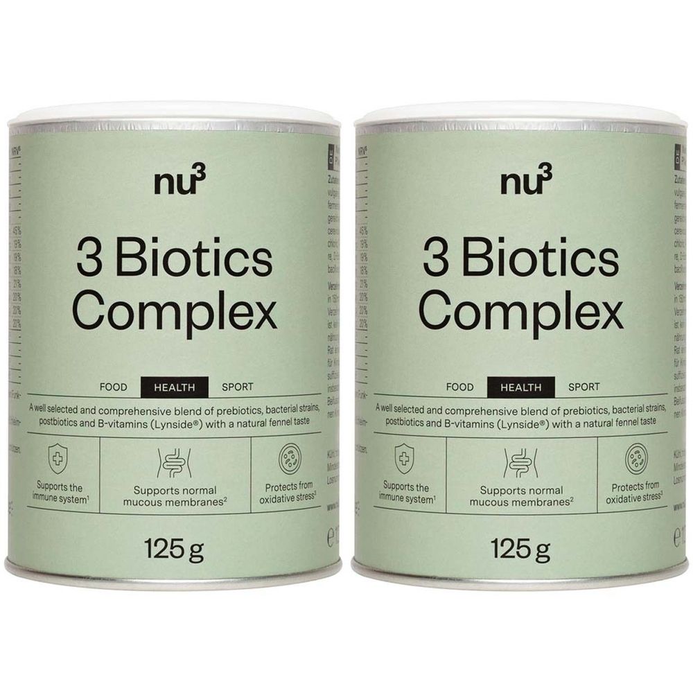 Due barattoli di nu3 3 Biotics Complex. Scritta: 3 Biotics Complex, 125g. Loghi: Food, Health, Sport. Supporta sistema immunitario, mucose, stress ossidativo.
