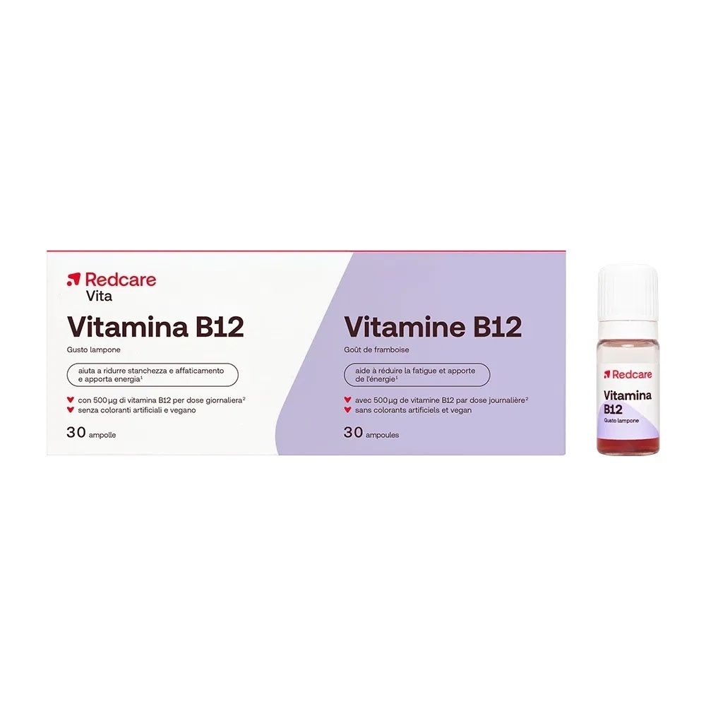 Una confezione di Redcare Vitamina B12 e una singola ampolla.