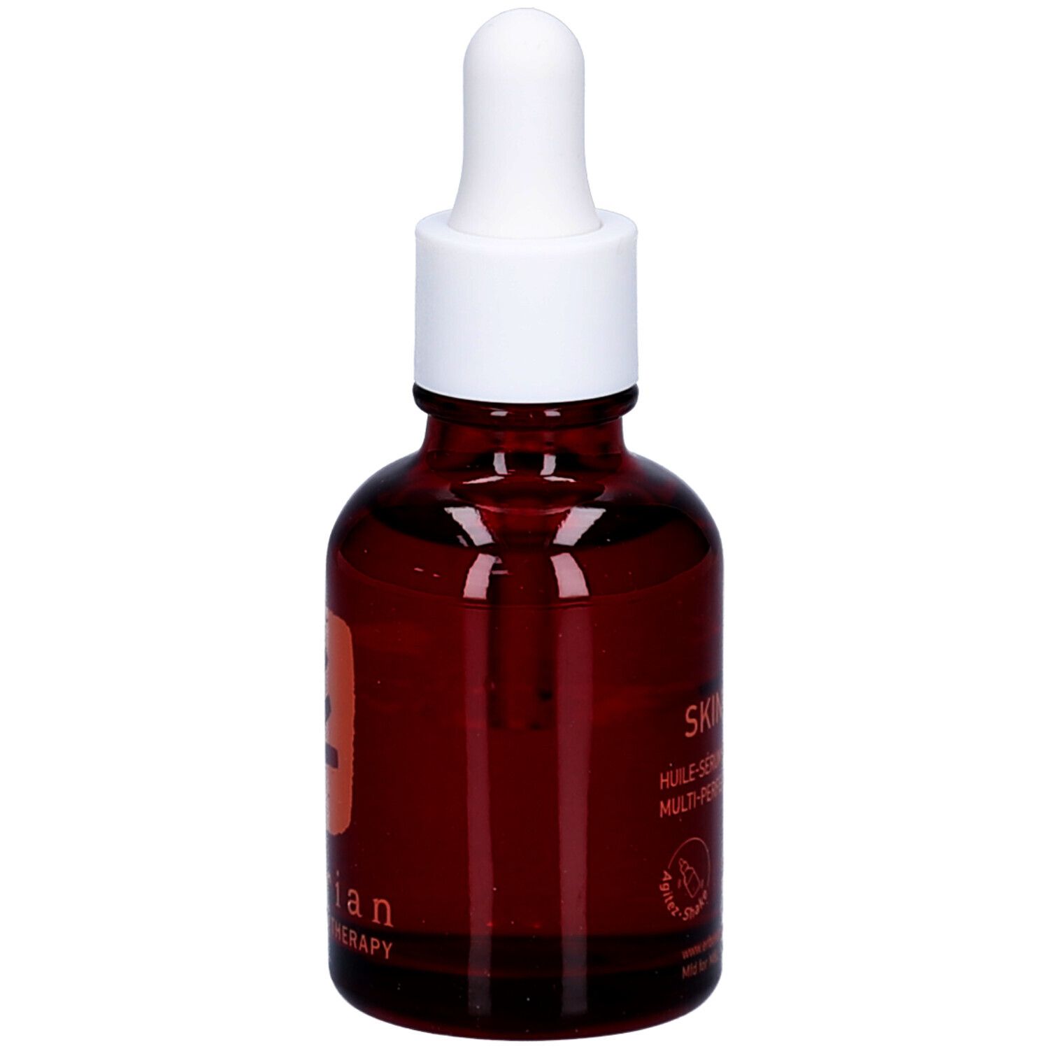 Flacone di vetro marrone con tappo bianco e contagocce. Scritta: Skin Therapy.