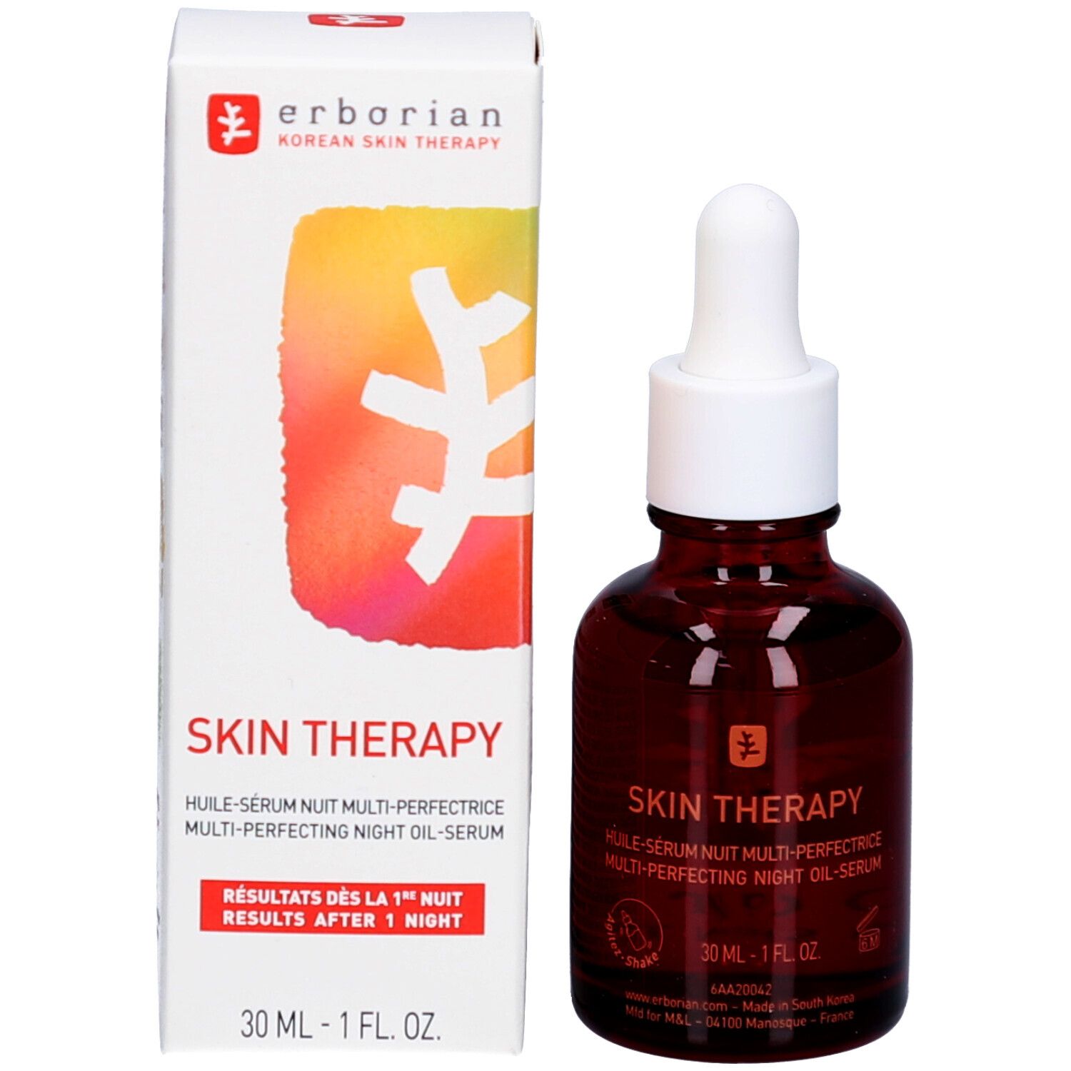 Flacone e confezione del prodotto. Scritta: Skin Therapy. 30 ml. Risultati dopo 1 notte.
